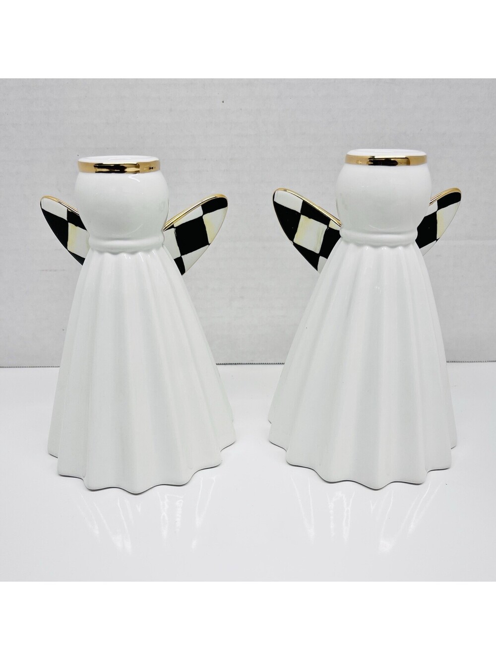 MacKenzie-Childs Courtly Check Angel Taper Candle Holders Set of 2 NEW!